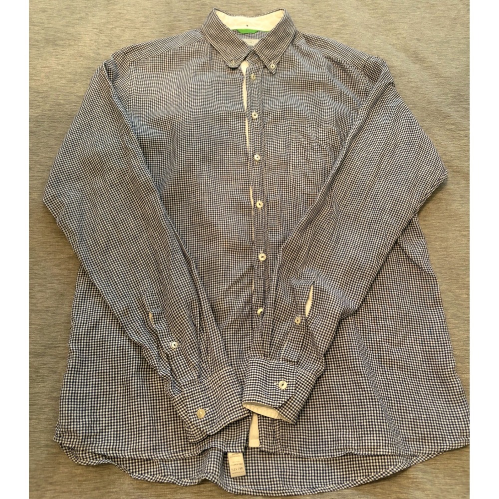 Eton Contemporary Fit Linen Gingham Shirt Navy White XL 44 Button Down Long Slv